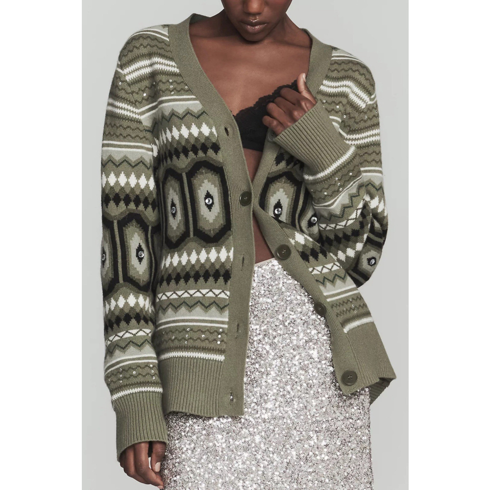 Anthropologie ALIGNE Christine Wool Blend Fair Isle Cardigan Sweater 4 Green
